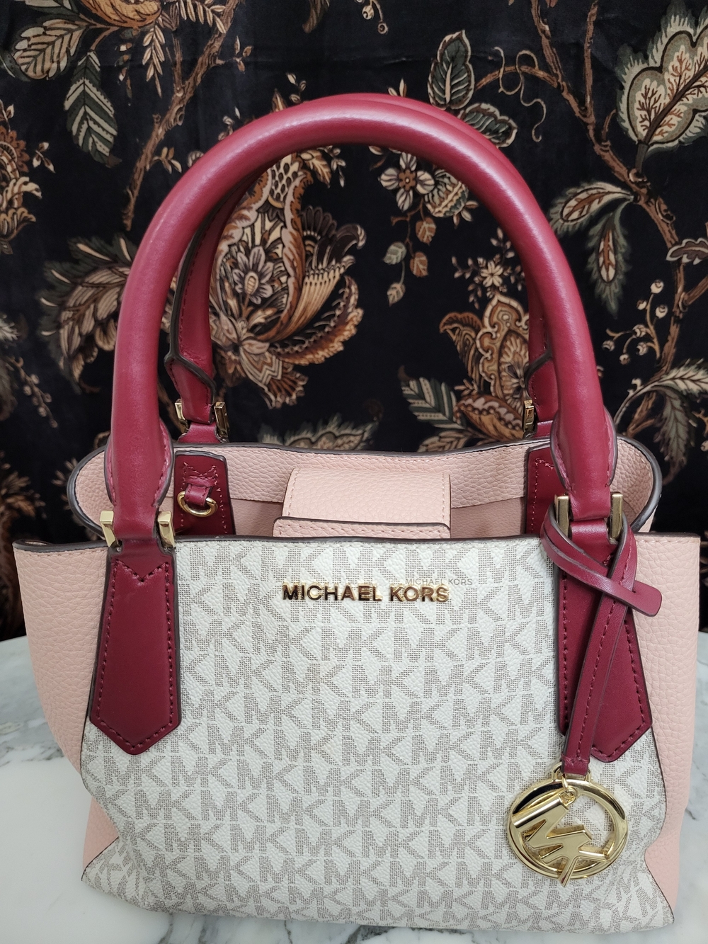 Michael Kors Pink and Burgundy MK Logo Satchel with Gold Hardware